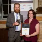 2019 Brewer of the Year, Sophie de Ronde, with James Calder of sponsors SIBA