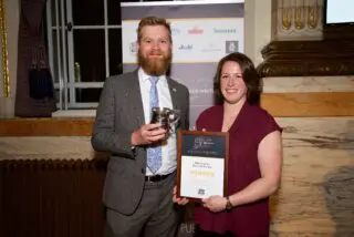 2019 Brewer of the Year, Sophie de Ronde, with James Calder of sponsors SIBA